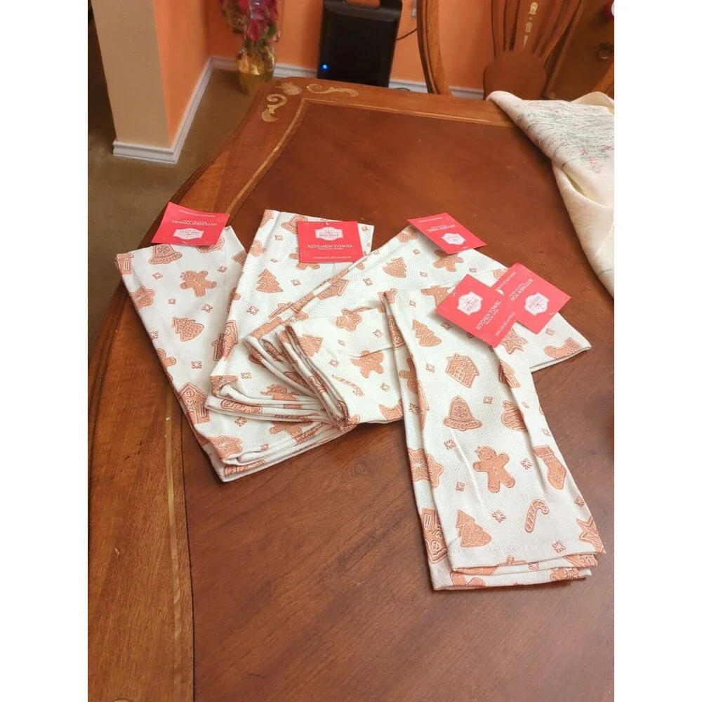 Holiday Time Set Of 5 Gingerbread Kitchen Towels New 100% Cotton